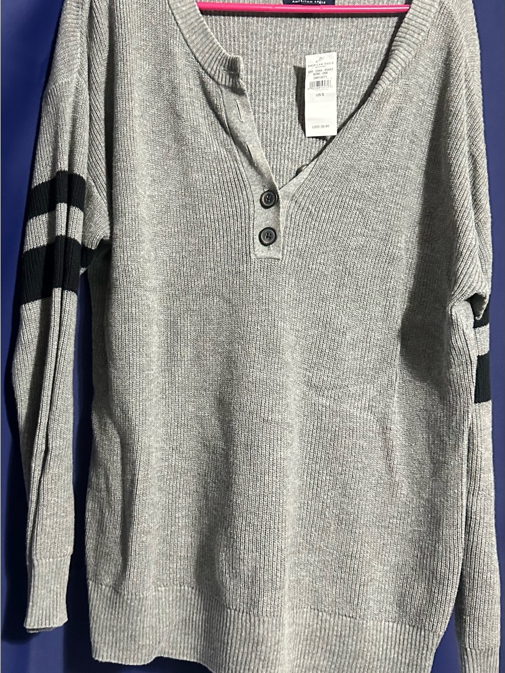 American Eagle Outfitters Gray V-Neck Henley Sweater with Black Sleeve Stripes